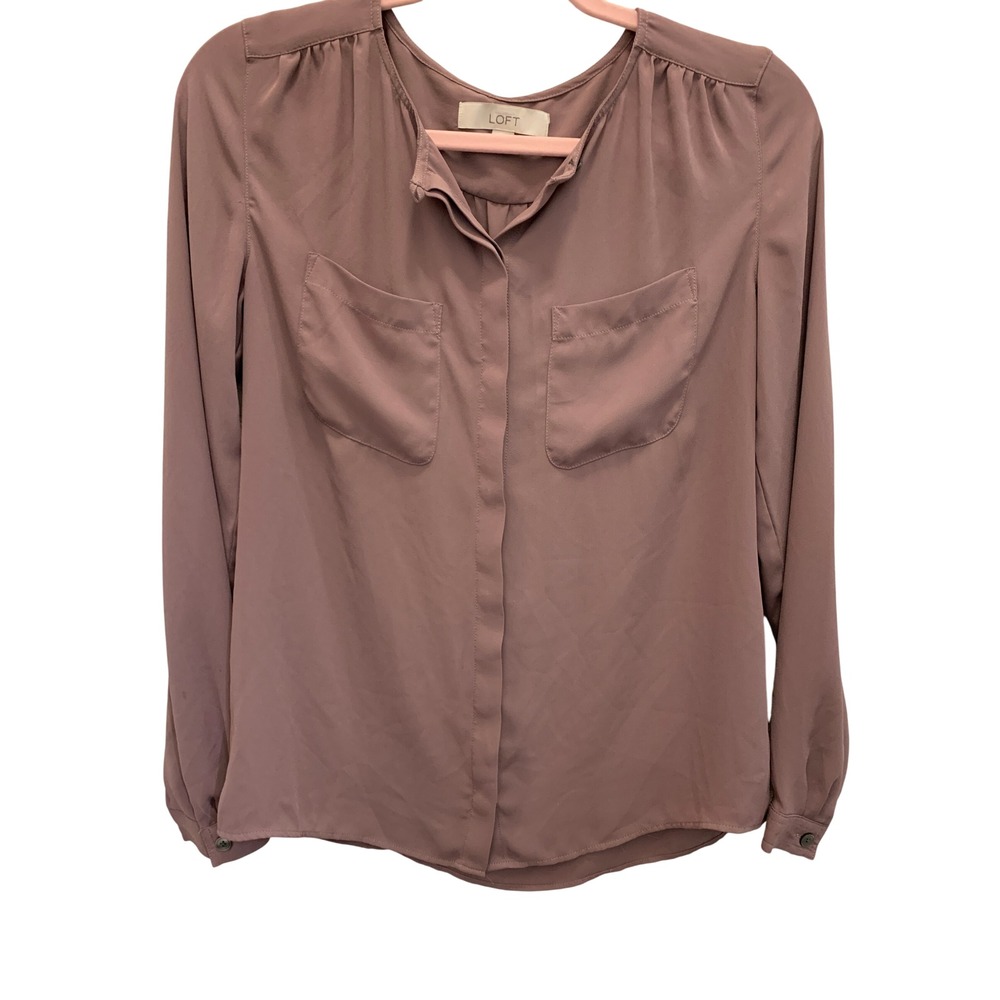 LOFT Womens XS‎ Mauve Utility Blouse Dusty Rose Long Sleeve Pocket Top